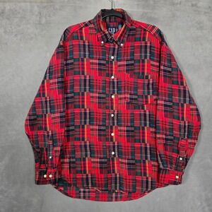 Vintage Gap flannel Shirt Mens Large red blue Patchwork Plaid distressed *FLAW*